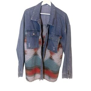 Womens Denim Shacket Southwestern Aztec Print Long Sleeve Button Front